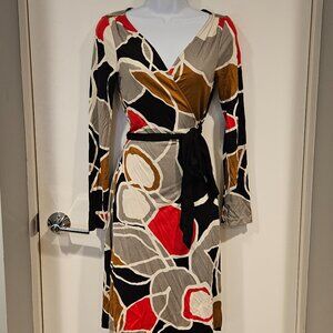 DVF Abrigo Silk Wrap Dress, Red Black Greige Mustard, Size 6